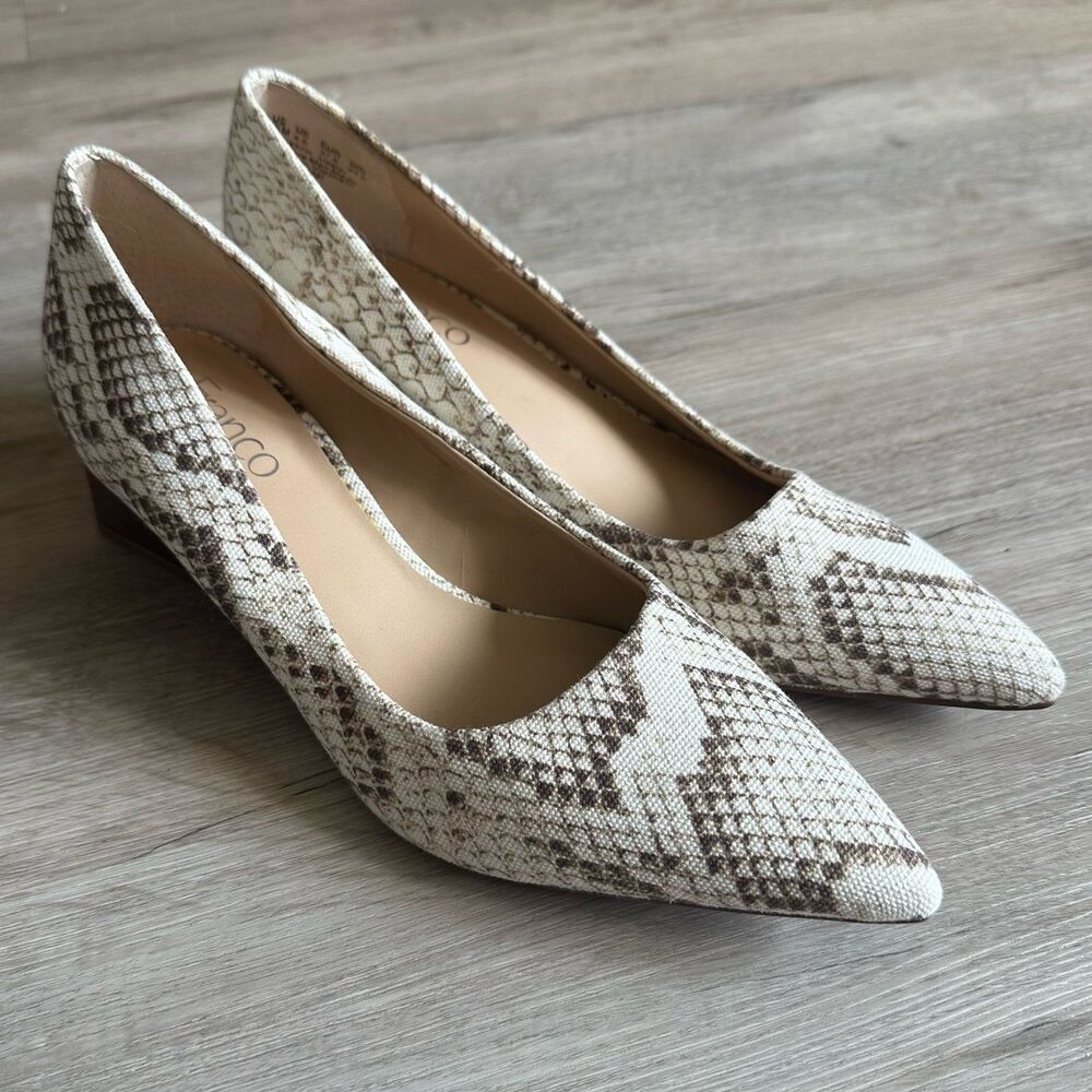 Franco Sarto Romi Pumps Chunky Block Heels Pointy Toe Snake Print Canvas Sz 7.5